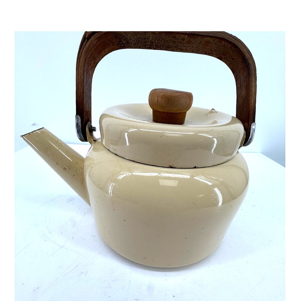 Vintage Cream Enamel Tea Kettle Wood Handle Farmhouse Kitchen Decor 6 Inch
